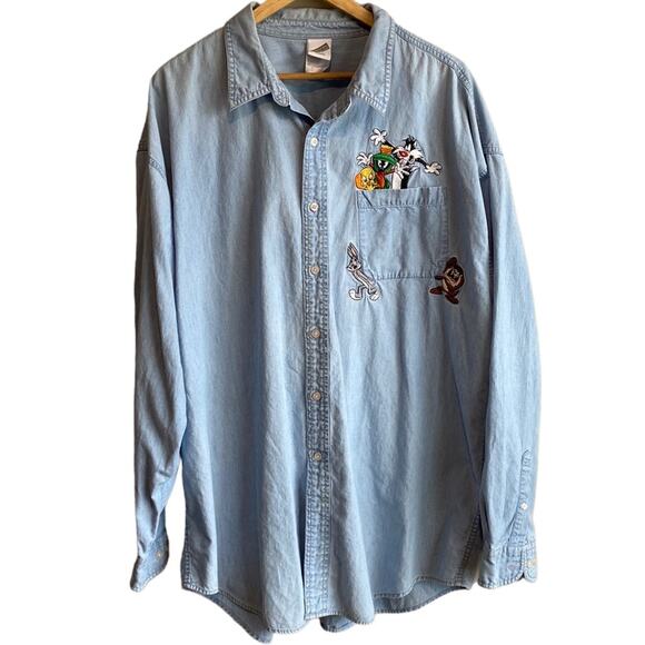 Vintage 90s Looney Tunes denim button up embroidered shirt XXL - Picture 1 of 14